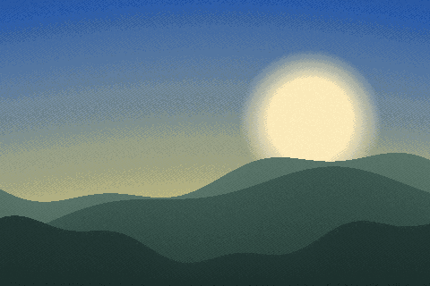 A generated landscape with a low sun and three ridges, used to show what JPEG does to continuous tone. Shown as GIF.