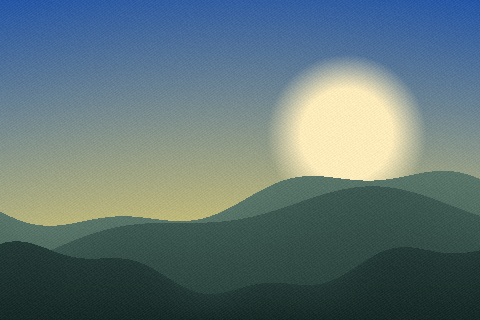 A generated landscape with a low sun and three ridges, used to show what JPEG does to continuous tone. Shown as PNG.